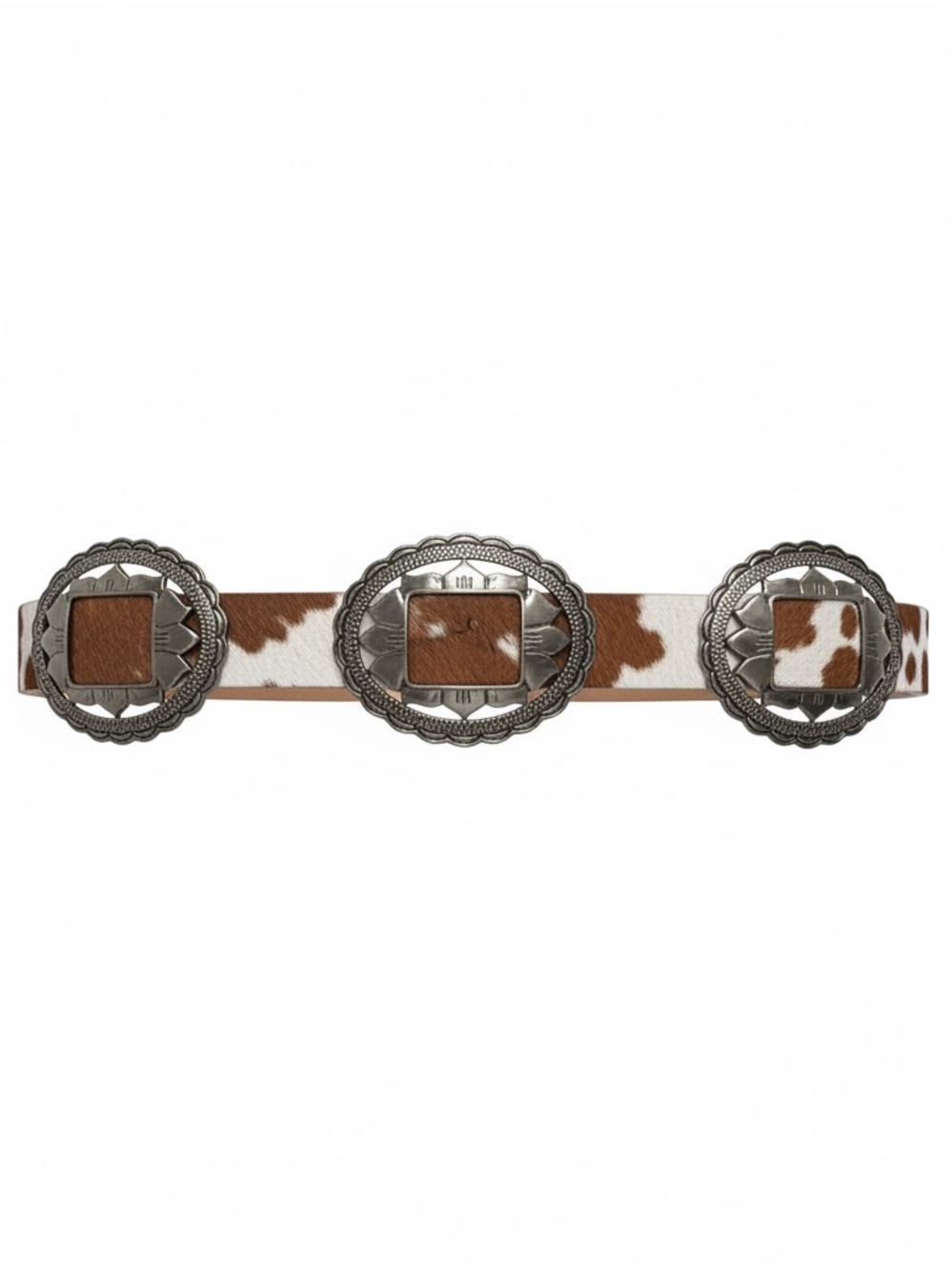Haute Hippie Brown and White Cowhide Western Concho Belt